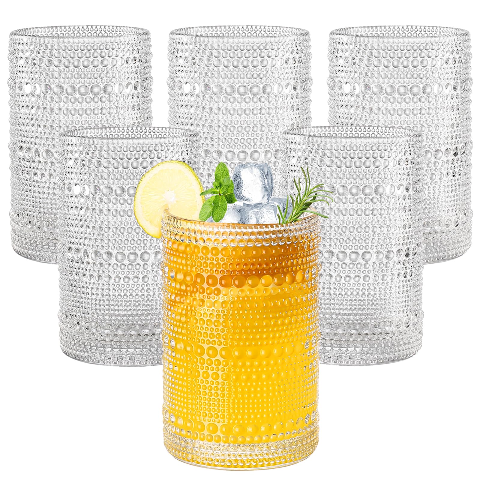 Amyoole 15oz Hobnail Drinking Glasses Set of 6,Clear Vintage Glassware Embossed Water Tumbler,Cocktail Glass Cups for Beer,Whiskey,Juice and Various Mixed Drinks