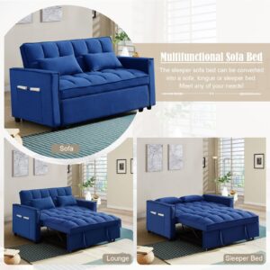 3 in 1 Convertible Sleeper Sofa Couch with Pull Out Bed,55" Velvet Upholstered Futon Sofa Bed,Modern Loveseat Sleeper Chaise with Adjustable Backrest for Living Room, Guest Room, Apartment(Blue)