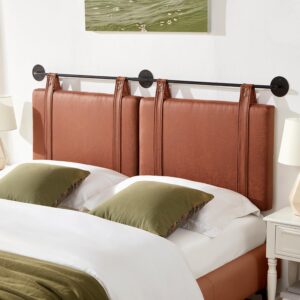 iroomy wall mounted headboard king with brown faux leather straps, faux leather upholstered headboard with adjustable heigh headboard, king headboard with metal bar for dining room, bedroom, brown