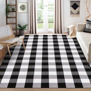 hzqozua buffalo plaid rug 5 x 7 ft black and white checkered area rugs, cotton hand-woven washable indoor outdoor rugs, carpet for patio/living room/dining room/bedroom/farmhouse