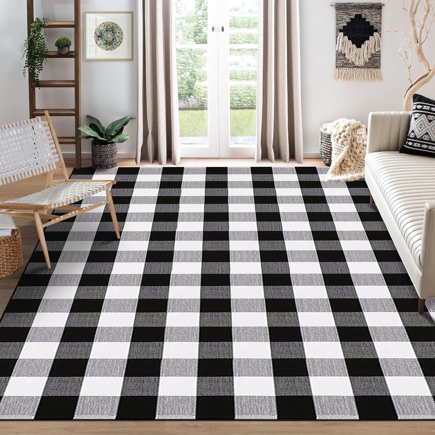 HZQOZUA Buffalo Plaid Rug 5 x 7 ft Black and White Checkered Area Rugs, Cotton Hand-Woven Washable Indoor Outdoor Rugs, Carpet for Patio/Living Room/Dining Room/Bedroom/Farmhouse