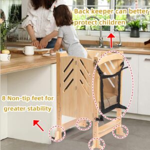 Foldable Toddler Kitchen Step Stool with 5-Level Height Adjustment，with Keeper and Graffiti Drawing Board .Wooden Toddler Tower for Toddlers Over 18 Months Old .（Natural）