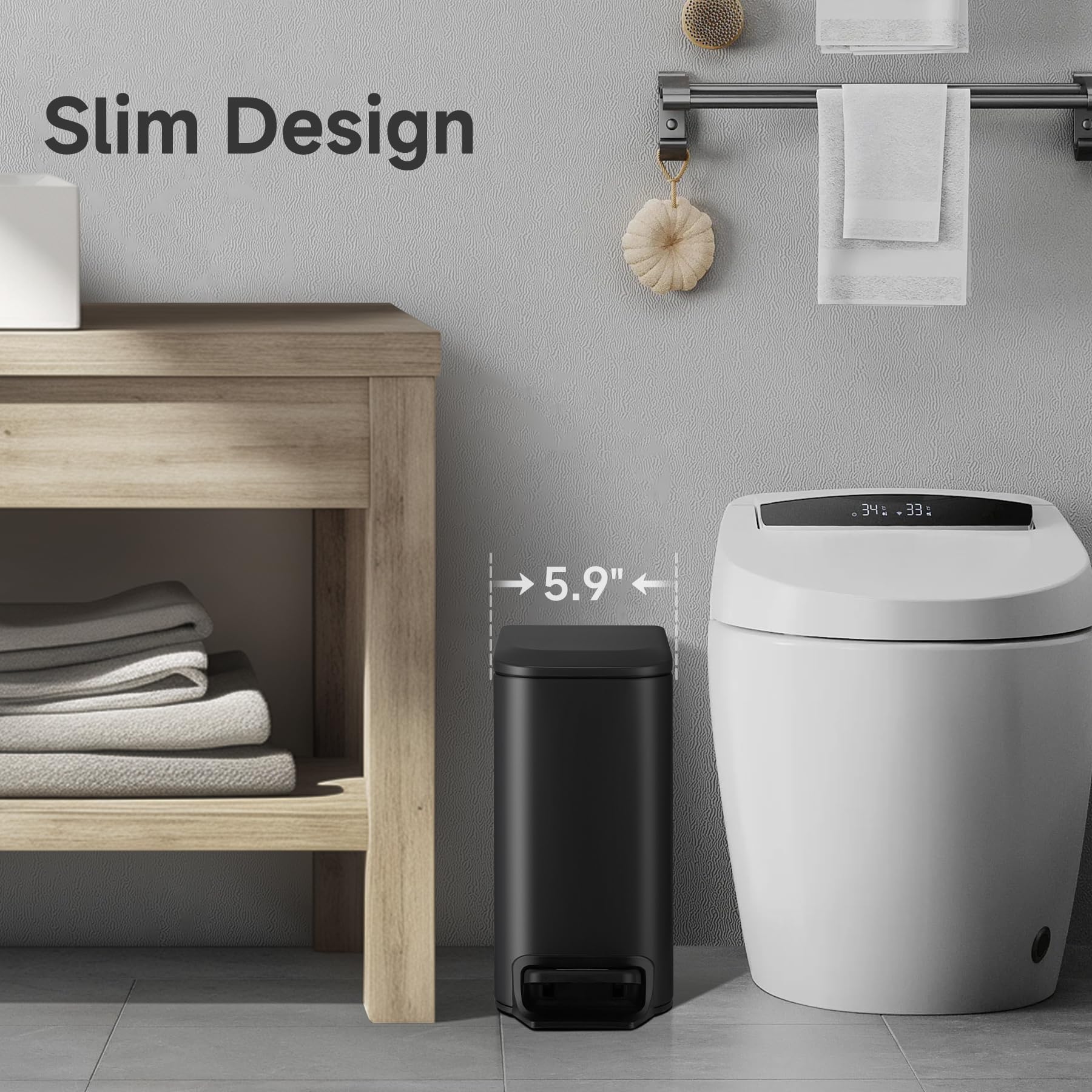 TIPGO Slim Bathroom Trash Can with Lid Soft Close, 6 Liter / 1.6 Gallon Stainless Steel Garbage with Removable Inner Bucket, Small Trash Bins for Bedroom, Office (Matte Black)