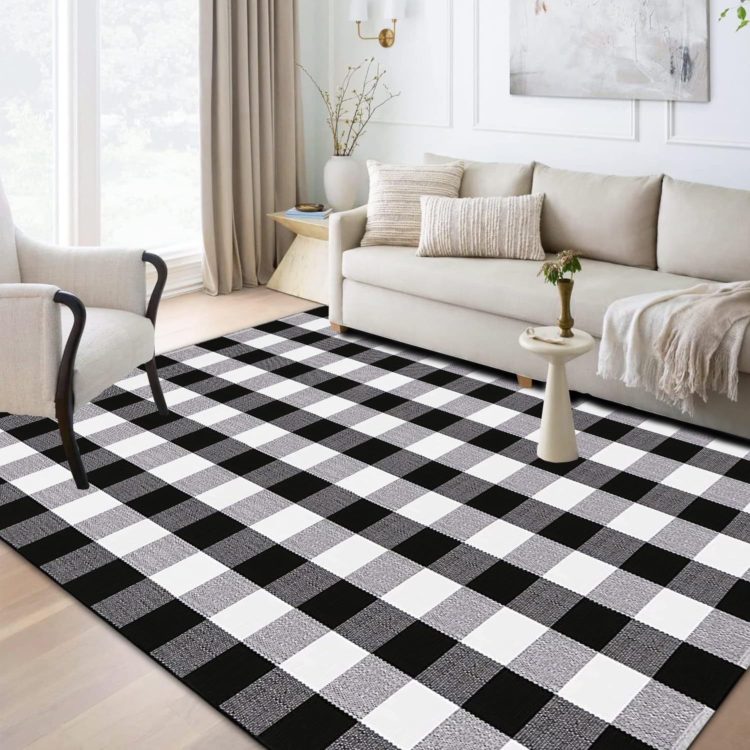 HZQOZUA Buffalo Plaid Rug 5 x 7 ft Black and White Checkered Area Rugs, Cotton Hand-Woven Washable Indoor Outdoor Rugs, Carpet for Patio/Living Room/Dining Room/Bedroom/Farmhouse