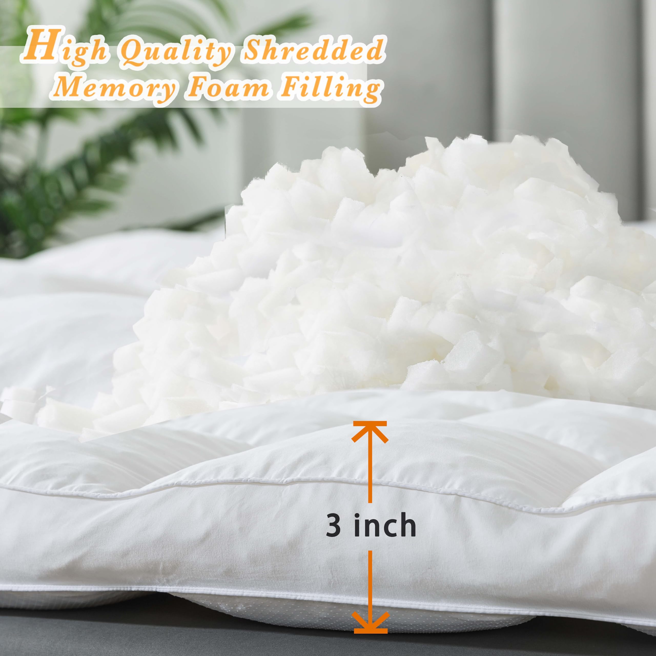 WhatsBedding 3 Inch Memory Foam Mattress Topper Queen Size for Pressure Relief, Premium Fluffy & Soft Shredded Memory Foam Filled Pillow Top, Anti-Slip Bottom, 4 Anchor Elastic Bands, 60x80