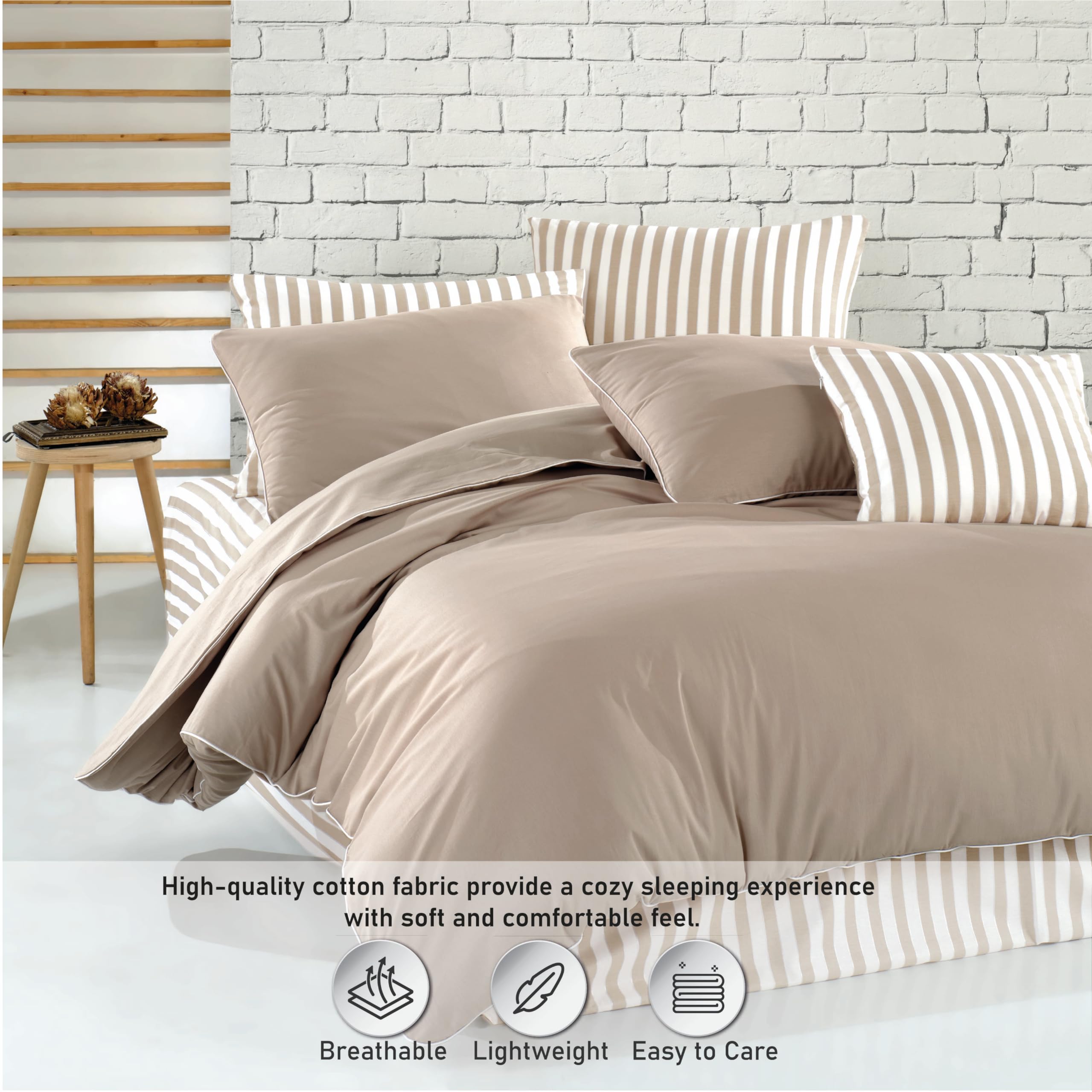 via bianco Plaist Duvet Cover King Size,3 Pieces Bedding Sets, 144 Thread Count 30/1 100% Cotton Duvet Cover with 2 Pillowcases Ultra Soft&Breathable Brown