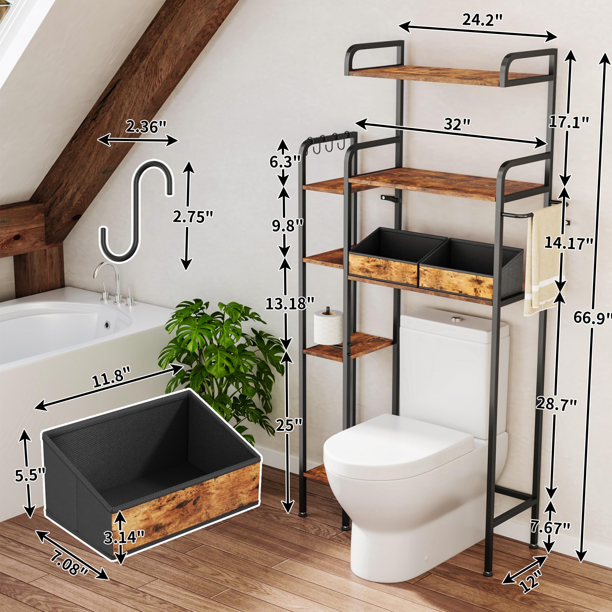 Homsorout Bathroom Organizers and Storage Cabinet - Over The Toilet Storage Cabinet with Adjustable Shelf 2 Baskets, Bathroom Shelf with Hooks Bathroom Storage Rack, Brown