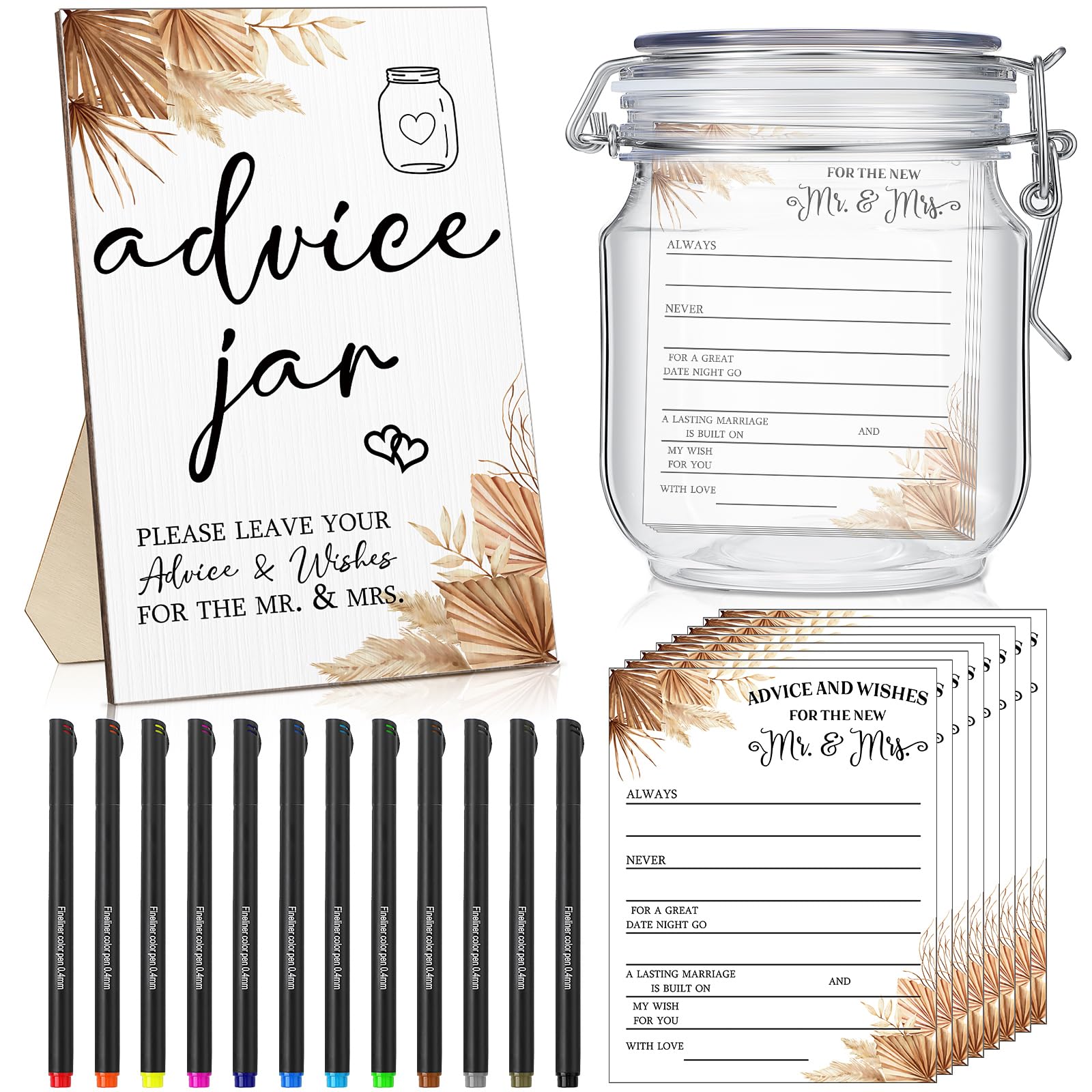 Sintuff 114 Pieces Boho Theme Bridal Shower Decoration Include Advice and Wishes for the Mr and Mrs Wedding Advice Sign with Holder 100 Advice and Wishes Cards 12 Pens PET Wedding Wish Jar for Guests