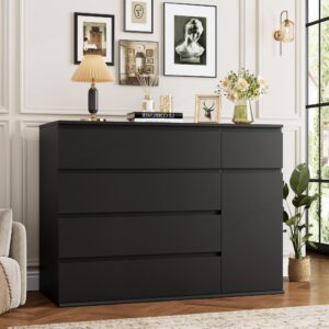 FOTOSOK 5 Drawer Dresser, Black Dresser Modern Dresser for TV Stand, Double Dresser Wide Storage Chests of Drawer with Door, Deep Drawers and Wide Storage Space