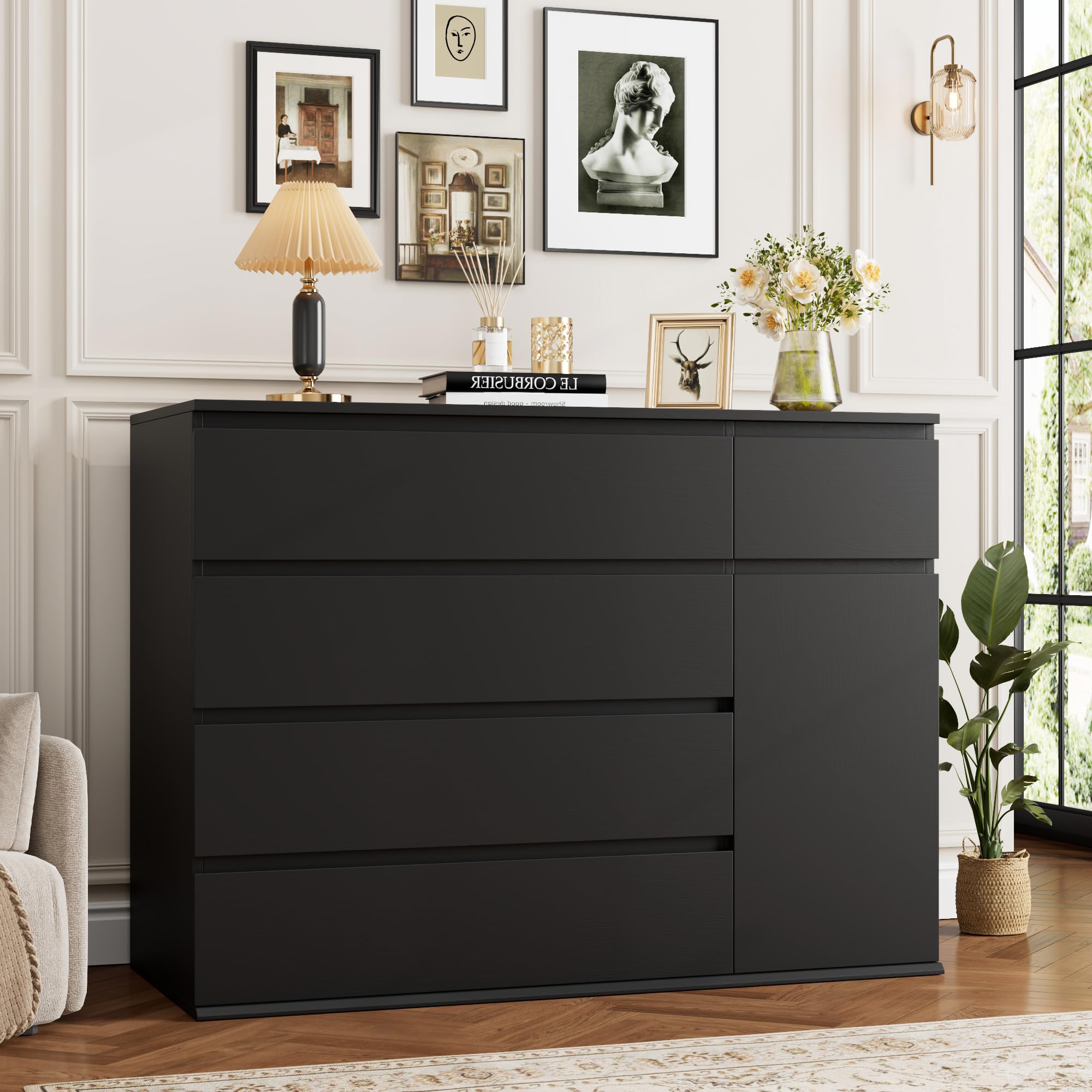 FOTOSOK 5 Drawer Dresser, Black Dresser Modern Dresser for TV Stand, Double Dresser Wide Storage Chests of Drawer with Door, Deep Drawers and Wide Storage Space