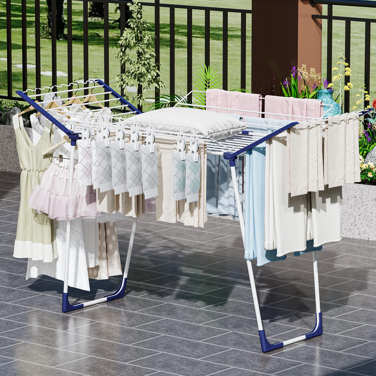 APEXCHASER Clothes Drying Rack, Foldable Laundry Rack with Sock Clips, Indoor/Outdoor for Towels, Clothes, Dress