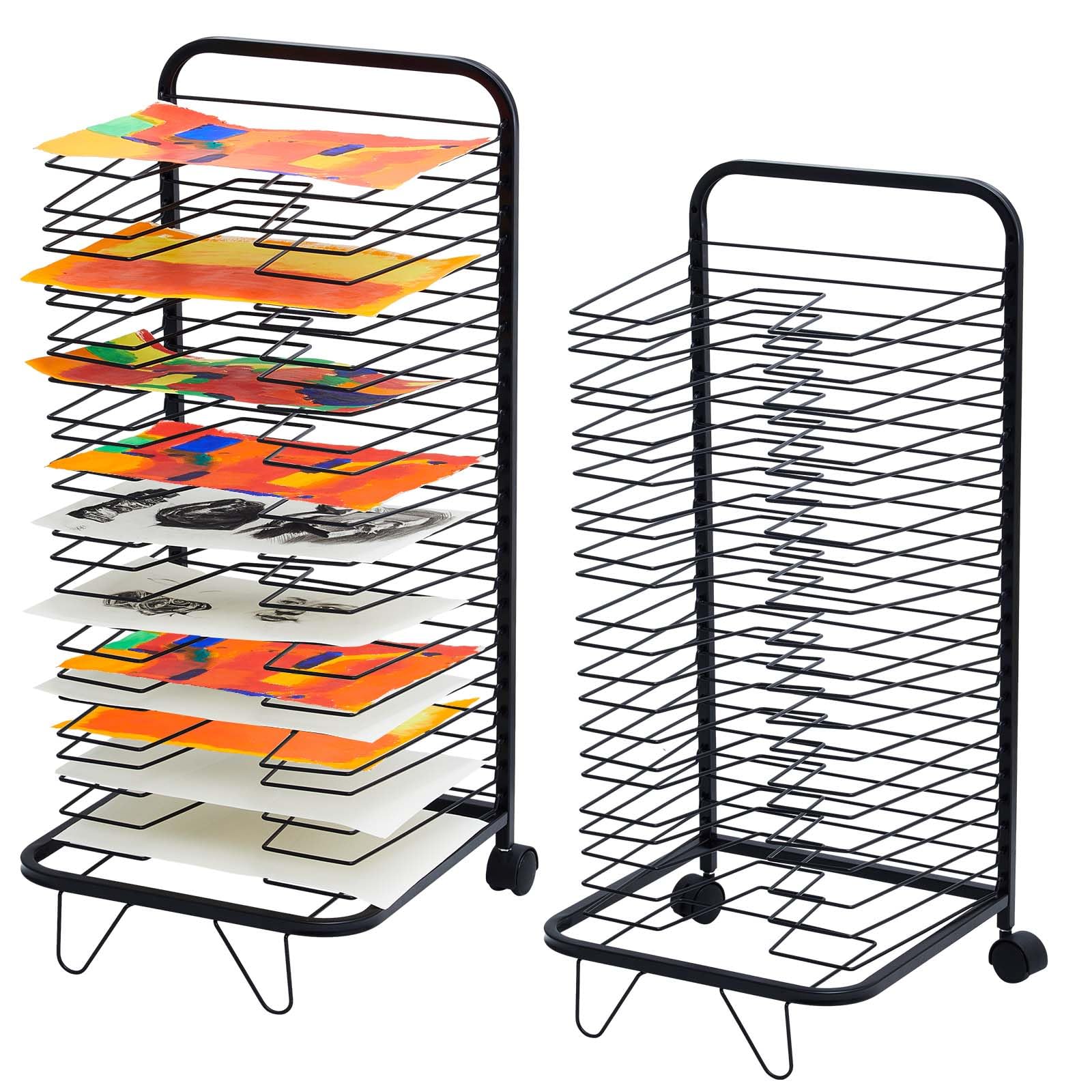 Qilery 2 Pack Art Drying Rack 25 Removable Shelves Mobile Paint Drying Rack Classroom Mobile Art Storage Rack with Wheels for Perschool Artwork Studios,15.7 D x 15.7 W x 35.4 H(Black)