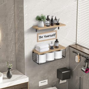 KOROI Bathroom Shelves Over Toilet，Floating Shelves Wall Mounted with Storage Basket，Wall Shelves for Bathroom，Bedroom,Living Room (Light Brown)