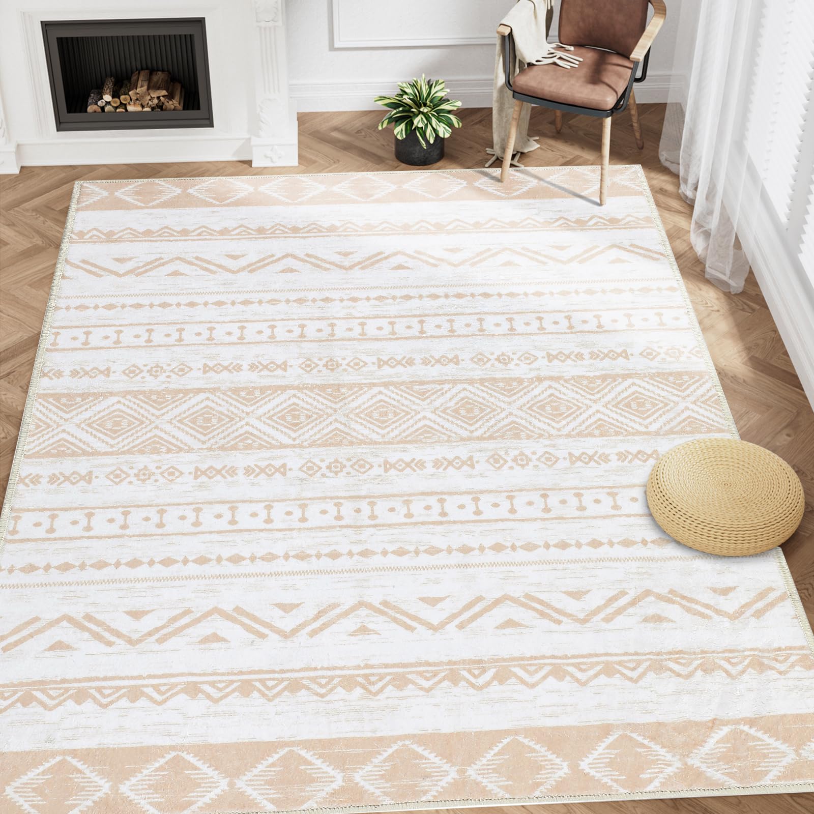 WondRg 6x9 Washable Area Rug Beige Boho Living Room Bedroom Large Throw Rug Non Slip Soft Modern Moroccan Indoor Floor Carpet for Dining Room Office Entryway Kitchen Nursery