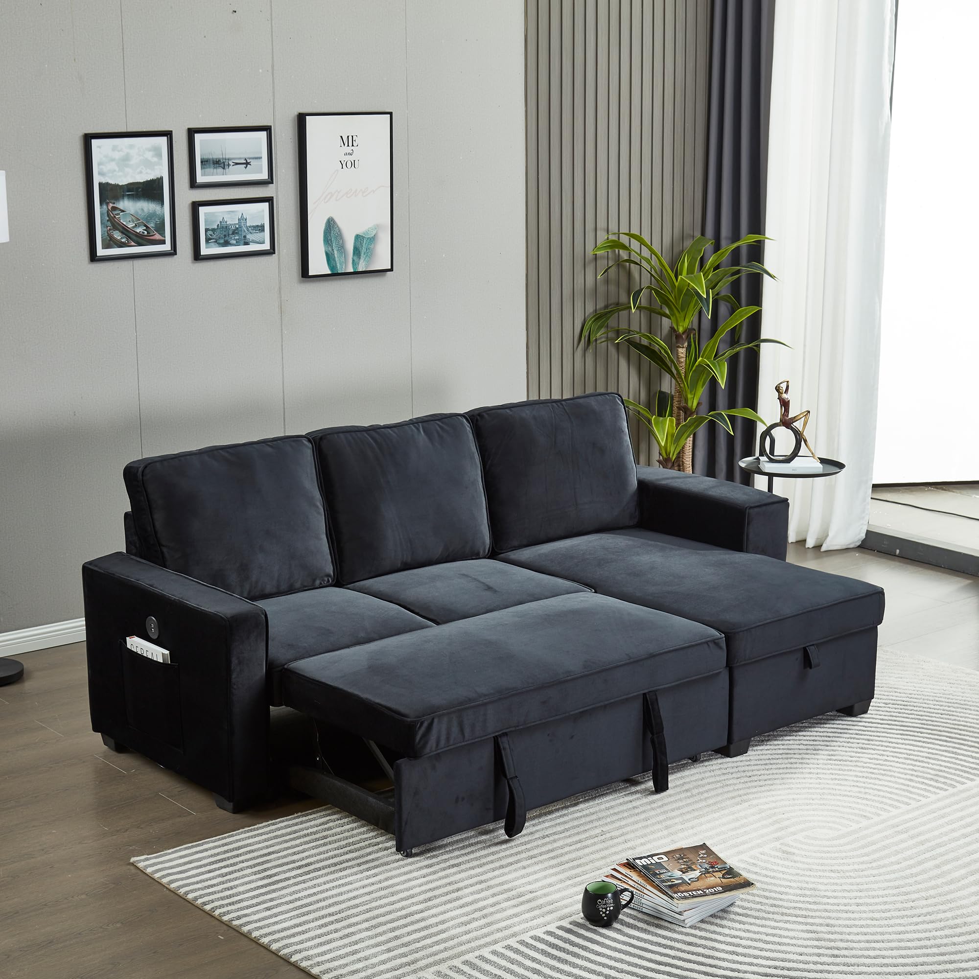 INSTORY Mid-Century Modern Velvet Sofa Sectional L-Shaped Sofa Pull Out SofaBed Convertible Sleeper Sofa Bed with Storage Chaise & USB for Living Room - Black