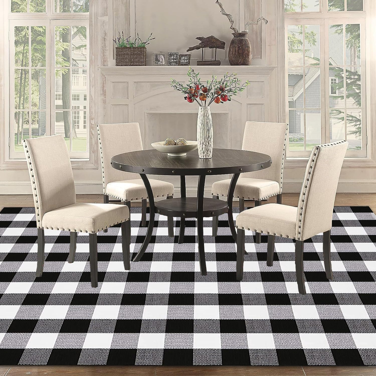 HZQOZUA Buffalo Plaid Rug 5 x 7 ft Black and White Checkered Area Rugs, Cotton Hand-Woven Washable Indoor Outdoor Rugs, Carpet for Patio/Living Room/Dining Room/Bedroom/Farmhouse