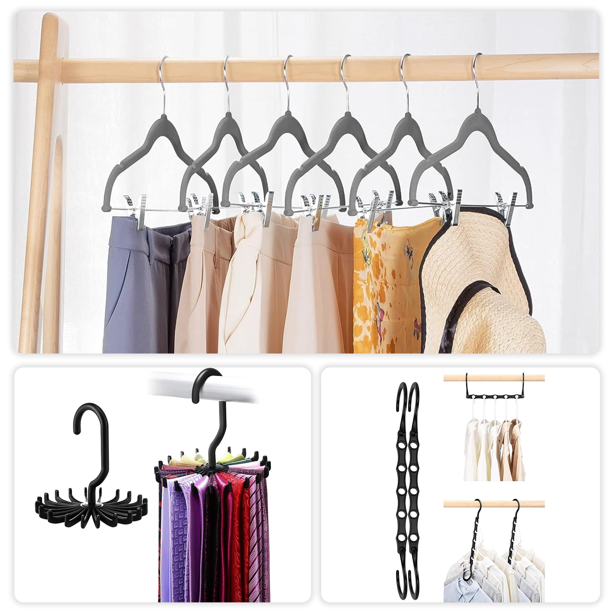 VECELO Premium Velvet Clothes Hangers Suit with Metal Clips (20 Pack)-Non Slip & Space-Saving with 1 Magic Hangers & 2 Tie Rack Excellent for Men and Women