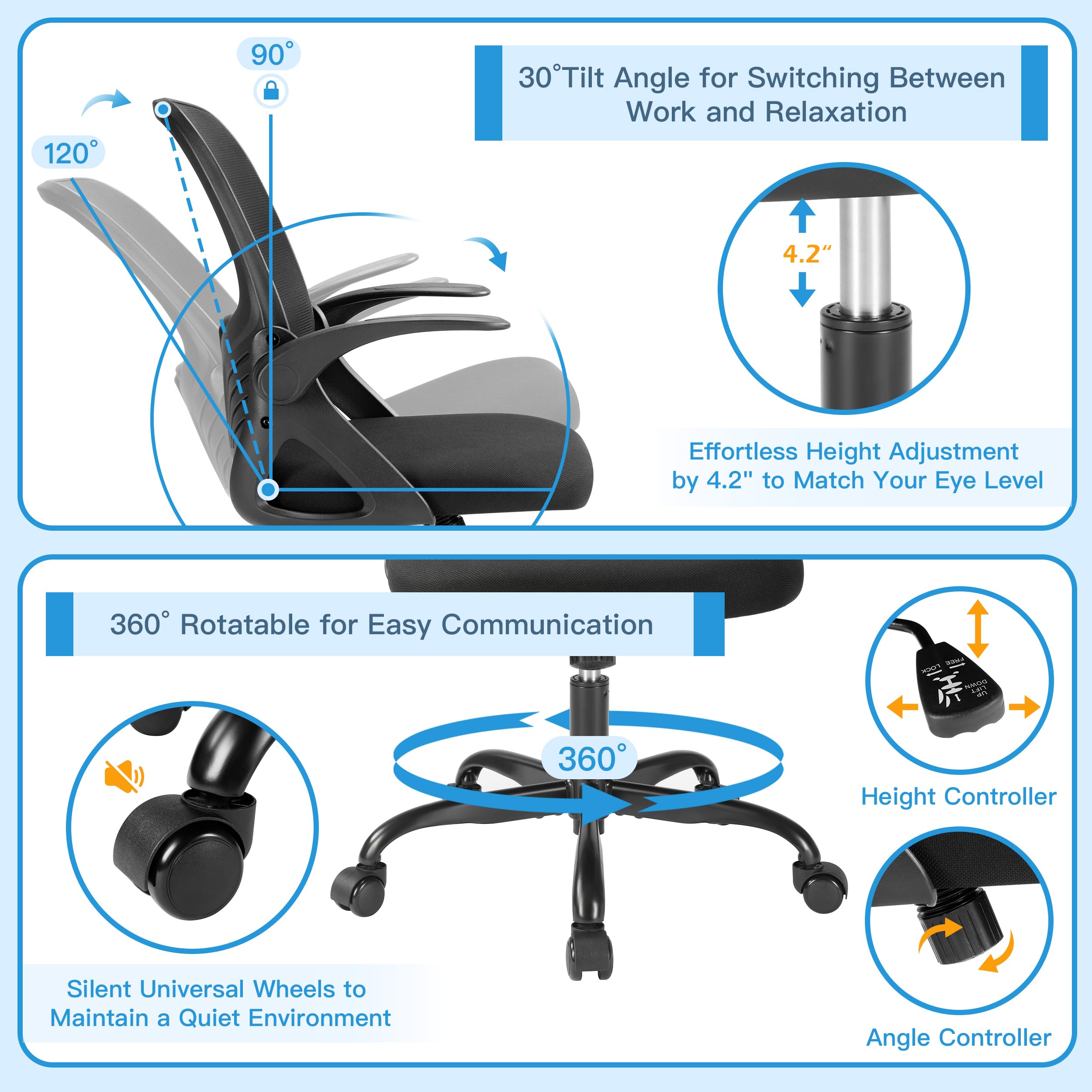 Larksperal Comfy Ergonomic Office Chair - Swivel Mid Back Computer Chair with Lumbar Support, Wheel & Flip-Up Armrests, Adjustable Mesh Desk Chair for Home, Work, Study, 300 lbs Capacity, Black