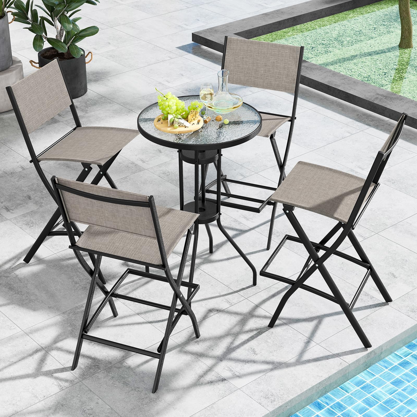 COSTWAY Outdoor Patio Bar Chair Set of 6, Folding Bar Height Stool with Metal Frame & Footrest, Patio Bar Stool for Balcony, Garden & Poolside (6, Coffee)