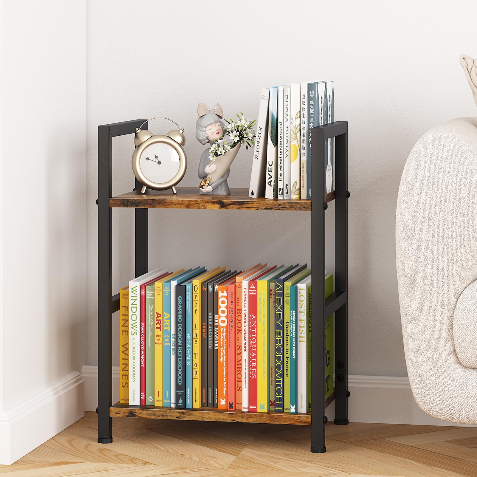 Katrawu Small Bookshelf for Small Space, 2 Tier Industrial Bookcase,Narrow Book Case Storage Organizer Book Shelf for Living Room, Bedroom and Office, Easy Assembly(2 Tier,Rustic Brown)