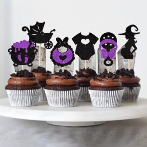 24 Pack Halloween Baby Shower Cupcake Toppers A Baby Is Brewing Cupcake Picks Witch Pregnant Women Halloween Gneder Reveal Cupcake Decorations Party Supplies Black Pink