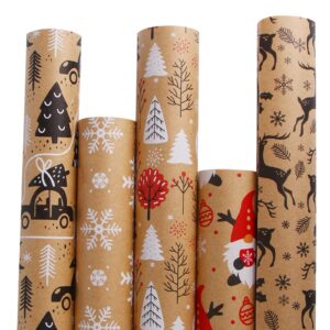 kimober 5 rolls christmas wrapping paper,brown kraft paper with xmas elements and cut lines on reverse(17in × 118in per roll)