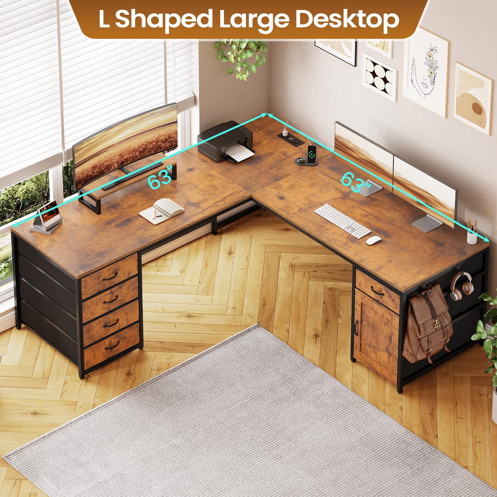 SEDETA L Shaped Desk, 63" Computer Desk with 5 Drawer & Power Outlet, Long Home Office Desk or Corner Desk, L Shaped Corner Desk with Monitor Shelf, Storage Cabinet, Rustic Brown