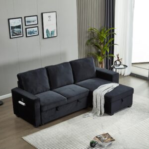 INSTORY Mid-Century Modern Velvet Sofa Sectional L-Shaped Sofa Pull Out SofaBed Convertible Sleeper Sofa Bed with Storage Chaise & USB for Living Room - Black