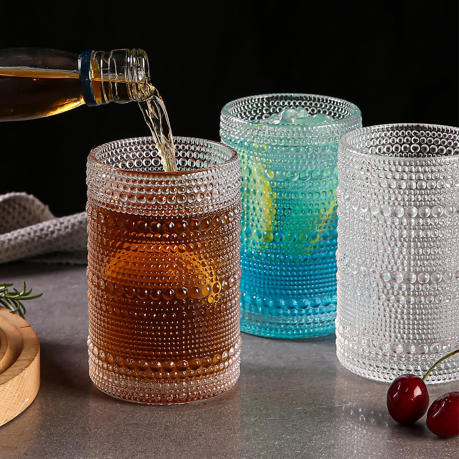 Amyoole 15oz Hobnail Drinking Glasses Set of 6,Clear Vintage Glassware Embossed Water Tumbler,Cocktail Glass Cups for Beer,Whiskey,Juice and Various Mixed Drinks