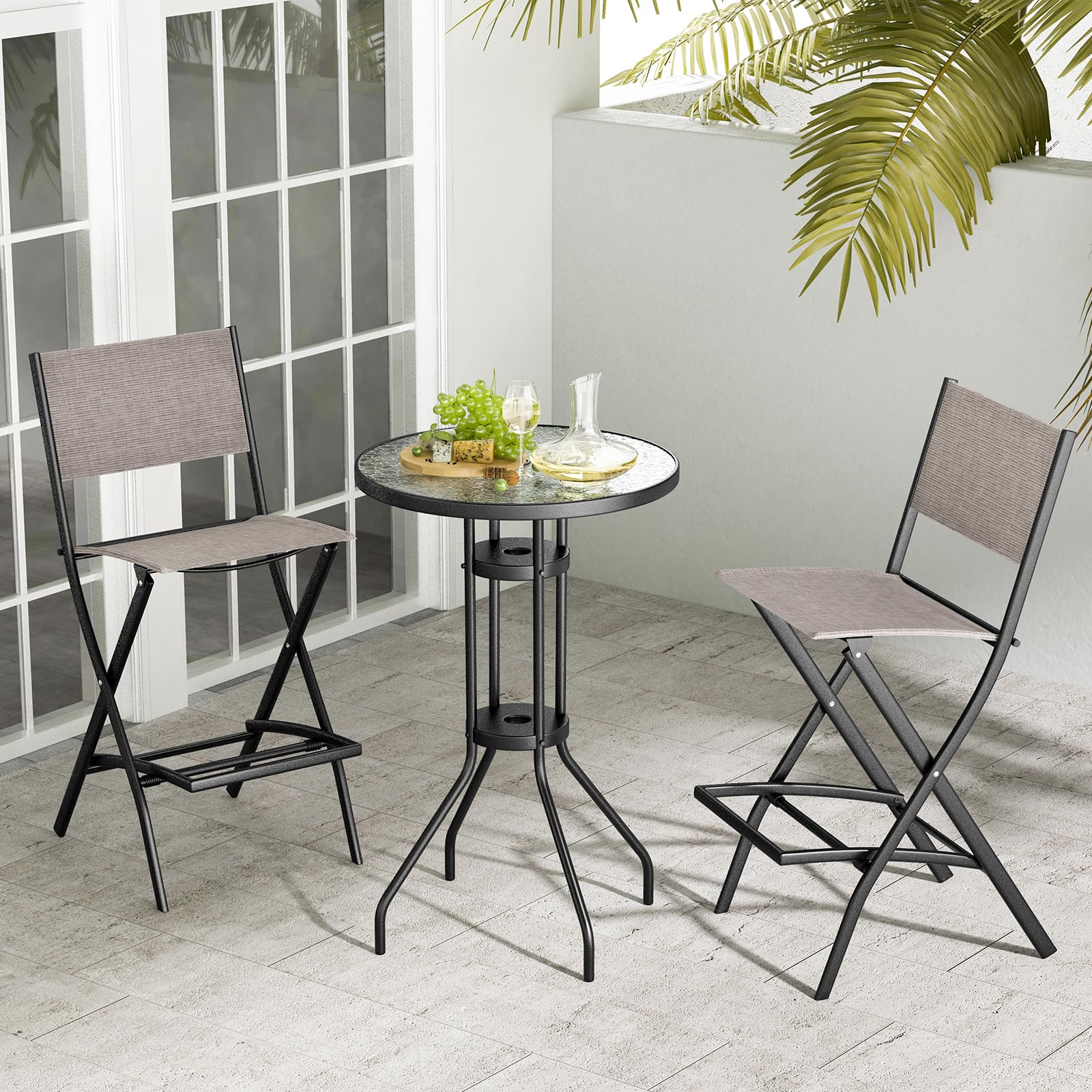 COSTWAY Outdoor Patio Bar Chair Set of 6, Folding Bar Height Stool with Metal Frame & Footrest, Patio Bar Stool for Balcony, Garden & Poolside (6, Coffee)