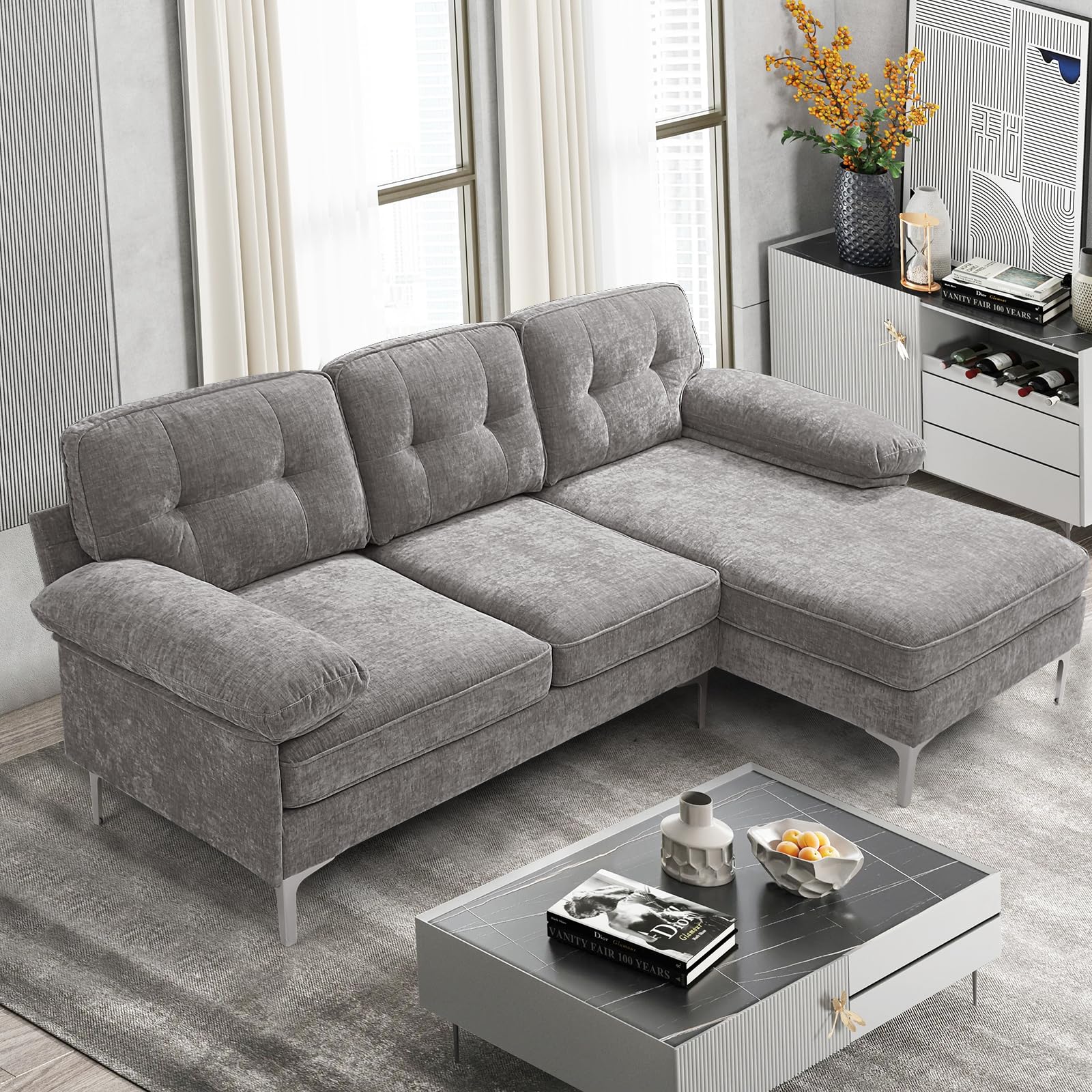 KIMOHOME 81" Convertible Sectional Sofa Couch, Chenille L-Shape Sofa Couch with Wide Chaise Lounge for Living Room, Small Couches for Small Spaces(Light (Light Grey)