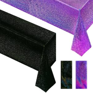 just shimmer 2 pcs black & purple holographic laser tablecloths iridescence shiny table covers 40" x 108" halloween decorations space plastic table cloths for birthday party wedding events supplies