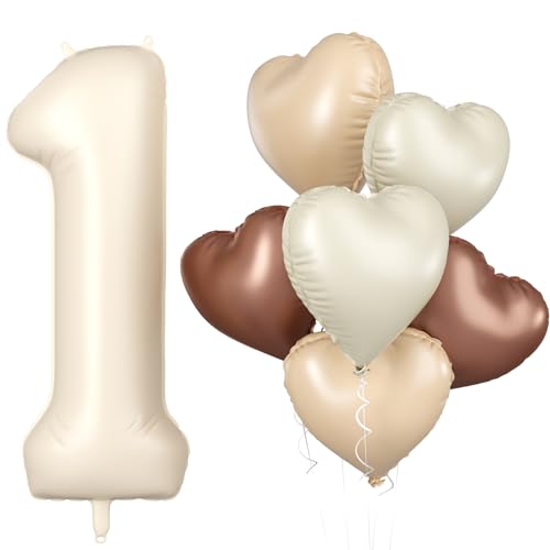 Biapian 40 Inch Cream White Number 1 Balloons, Beige White Large Number One Balloon with Cream Foil Heart Balloons for 1st Birthday Decorations First One Year Boys Girls Baby Shower Party Decor