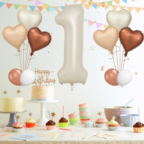 Biapian 40 Inch Cream White Number 1 Balloons, Beige White Large Number One Balloon with Cream Foil Heart Balloons for 1st Birthday Decorations First One Year Boys Girls Baby Shower Party Decor