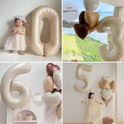 Biapian 40 Inch Cream White Number 1 Balloons, Beige White Large Number One Balloon with Cream Foil Heart Balloons for 1st Birthday Decorations First One Year Boys Girls Baby Shower Party Decor