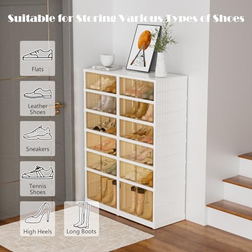 YIFOR 6-Tier Portable Shoe Rack Organizer for Closet, 24 Pairs Shoe Container Bins, Clear Plastic Collapsible Shoes Storage Box, Stackable Sneaker Storage Shoe Cabinet with Door