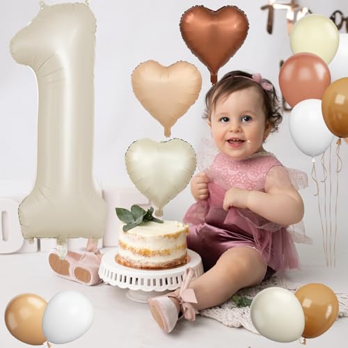 Biapian 40 Inch Cream White Number 1 Balloons, Beige White Large Number One Balloon with Cream Foil Heart Balloons for 1st Birthday Decorations First One Year Boys Girls Baby Shower Party Decor