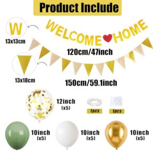 Welcome Home Decorations,Green Gold Welcome Home Balloons Banners Set,Welcome Home Glitter Banner with Confetti Balloons,Pennant Flag Bunting for Home Family Baby Shower Welcome Back Party Supplies