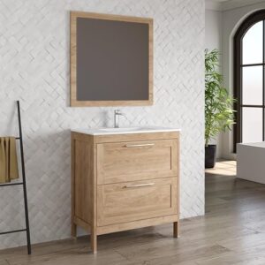 dax lakeside engineered wood and porcelain single vanity with onix basin, 32", oak