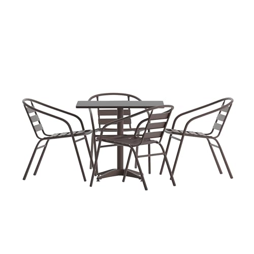 Flash Furniture TLH-ALUM-32SQ-017BZ4-GG Lila 31.5'' Square Aluminum Indoor-Outdoor Table Set with 4 Slat Back Chairs, Bronze