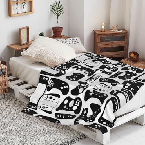 Video Game Gaming Black White Gamer Throw Blanket Soft Bed Bedding Warm Cozy Plush Flannel Fleece Blankets Gifts for Kids Boys Teens Men, Sofa Couch Bedroom Home Decor, 60"X50"