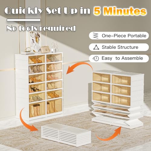 YIFOR 6-Tier Portable Shoe Rack Organizer for Closet, 24 Pairs Shoe Container Bins, Clear Plastic Collapsible Shoes Storage Box, Stackable Sneaker Storage Shoe Cabinet with Door