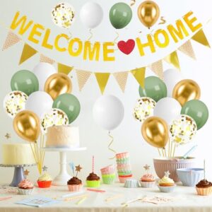 Welcome Home Decorations,Green Gold Welcome Home Balloons Banners Set,Welcome Home Glitter Banner with Confetti Balloons,Pennant Flag Bunting for Home Family Baby Shower Welcome Back Party Supplies