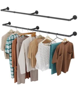 oropy clothes rack, 65.7" industrial pipe clothing rack 2 pack for clothes, wall mounted heavy duty space saving garment rack for closet storage, black, 3 base