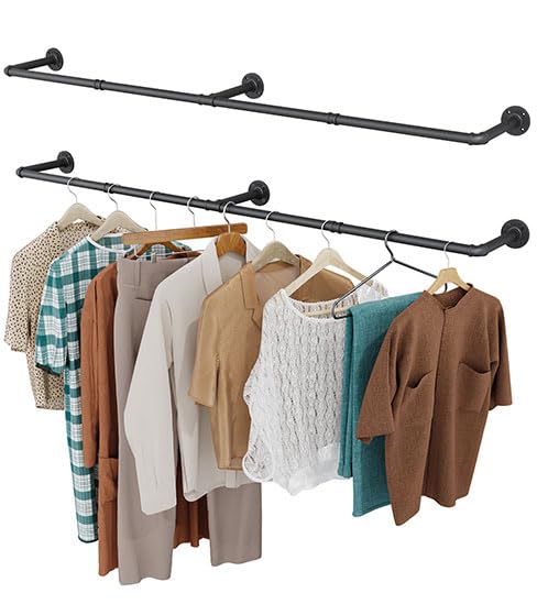 OROPY Clothes Rack, 65.7" Industrial Pipe Clothing Rack 2 Pack for Clothes, Wall Mounted Heavy Duty Space Saving Garment Rack for Closet Storage, Black, 3 Base