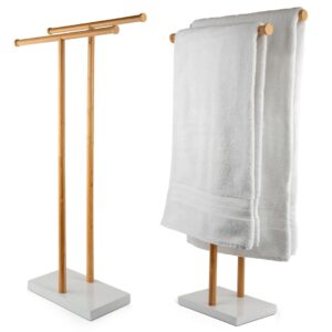 standing towel rack -2-tier bamboo towel rack with marble base - standing towel rack for bathroom - towel holder stand display - drying towel rack