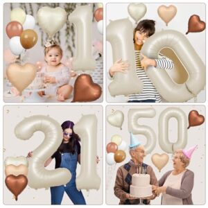 Biapian 40 Inch Cream White Number 1 Balloons, Beige White Large Number One Balloon with Cream Foil Heart Balloons for 1st Birthday Decorations First One Year Boys Girls Baby Shower Party Decor