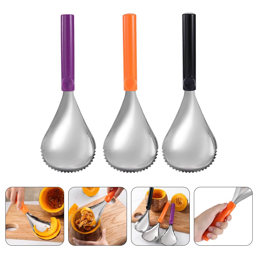 LOGOFUN 3pcs Halloween Pumpkin Carving Kit Pumpkin Carving Tools Set Stainless Steel Pumpkin Scooper Pulp Separator - Orange+Purple+Black