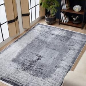 BESPOKY 2'7" x 13'1" - 80 x 400 Cm Jamshedpur Grey Framed Cotton Machine Washable Non Slip Living Room Bedroom Nursery Hallway Indoor Outdoor Area Rug