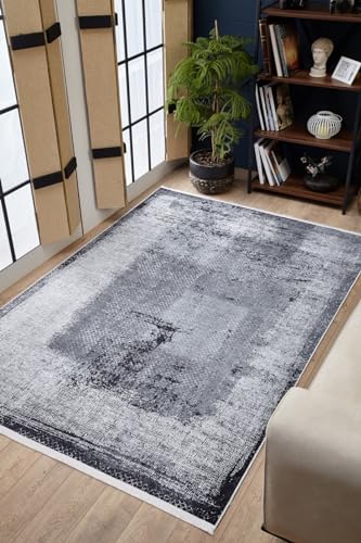 BESPOKY 2'7" x 13'1" - 80 x 400 Cm Jamshedpur Grey Framed Cotton Machine Washable Non Slip Living Room Bedroom Nursery Hallway Indoor Outdoor Area Rug